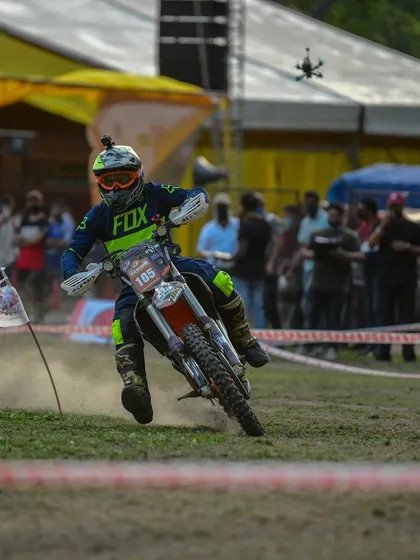 My drone hovering over the track at the Rally of Chamba, capturing the fastest rider as he speeds through the course.