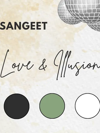 The mood board for our 'Love & Illusion' Sangeet. The vision was a chic, modern party based on a monochrome palette, disco balls, and mind-bending optical illusion patterns.