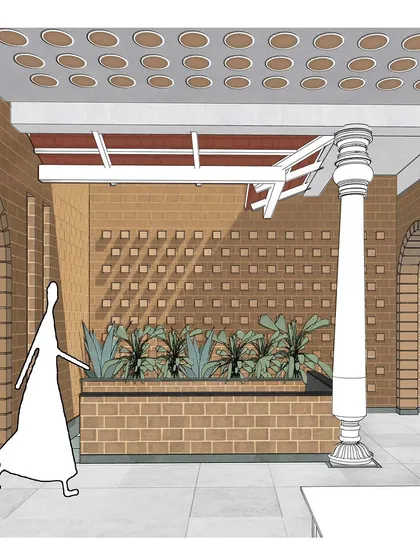 An illustration for the 'Burli' project, showcasing a courtyard with a planter box and a jali (screen) wall for ventilation.