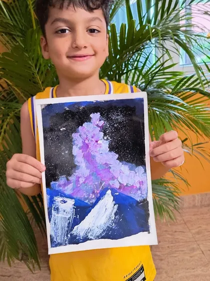 A student's stunning painting of the Aurora Borealis over the Himalayas, created using a palette knife technique for texture.