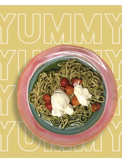 I love using fresh, high-quality ingredients. This is my Kale Pesto Fettuccine, made with hydroponically grown kale and topped with roasted cherry tomatoes and creamy burrata for a truly gourmet pasta experience.