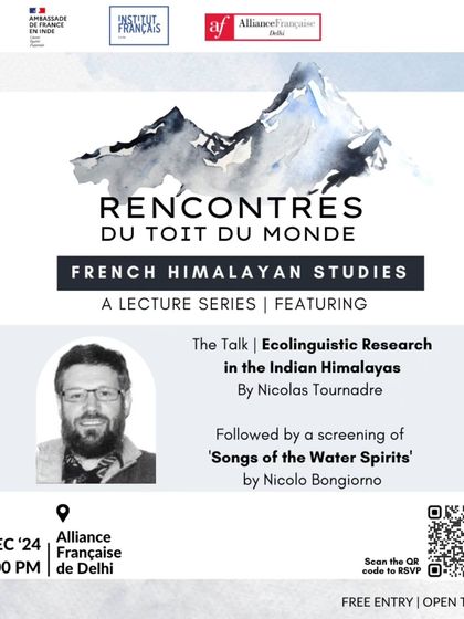 The poster for "Rencontres du Toit du Monde," a lecture series on French Himalayan Studies. We host academic and research-oriented talks, featuring experts like Nicolas Tournadre on ecolinguistics.