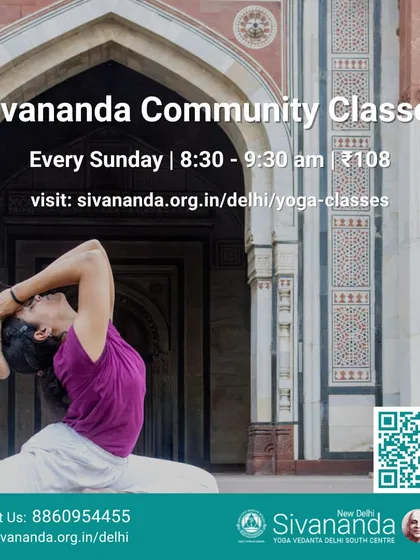 This image announces our weekly Sunday community classes. The practitioner is in Eka Pada Rajakapotasana (One-Legged King Pigeon Pose), showcasing the grace and strength developed through yoga.