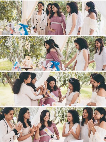 Documenting the "mom-to-be" sash ceremony. This series of photos captures the moment friends bestow the sash, a key tradition at many baby showers.