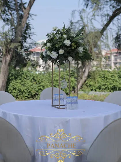 A simple and elegant centerpiece of white flowers on a guest table.