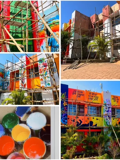 A collage showing the process and scale of the Jharkhand project. From the bare scaffolding and pots of acrylic paint to the finished, vibrant building, this was a journey of art and soul.