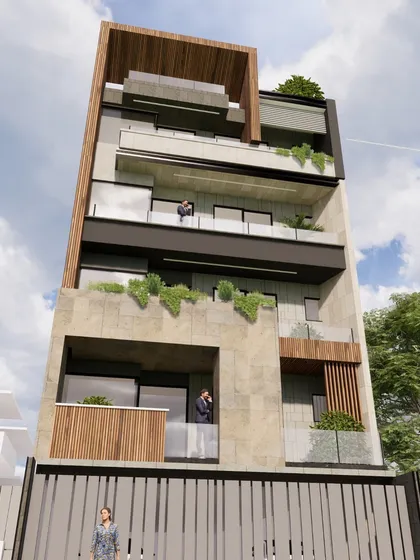 This facade concept uses a variety of earthy textures, including stone cladding and wood-look panels. The horizontal bands of balconies are contrasted with vertical wooden screens, creating a dynamic composition.