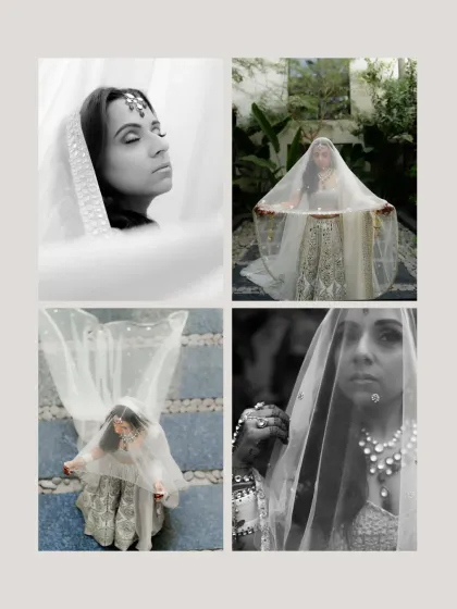 A collage of artistic black and white bridal portraits, all featuring the veil as a key element to create soft, moody, and timeless images.