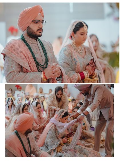 A collage capturing the solemnity of the Anand Karaj ceremony, with the couple praying and participating in the sacred Laavan Pheras.