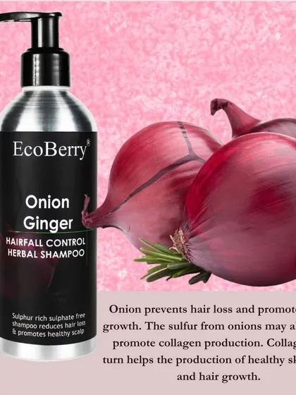 Another look at our Onion Ginger shampoo, a powerful herbal solution for hair fall. The natural sulfur from onions helps promote the production of healthy skin cells and hair growth.