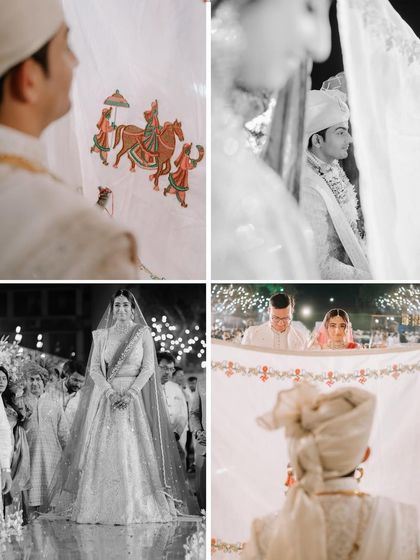 A collage of moments from the wedding ceremony, from the bride's entrance to the rituals. This gives a wonderful overview of the traditions and emotions of the day.