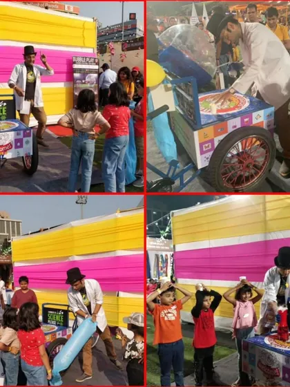 We can set up our interactive science carts anywhere, including large outdoor festivals. This collage shows how we engage crowds in open-air settings, drawing in kids and families for some hands-on scientific fun.