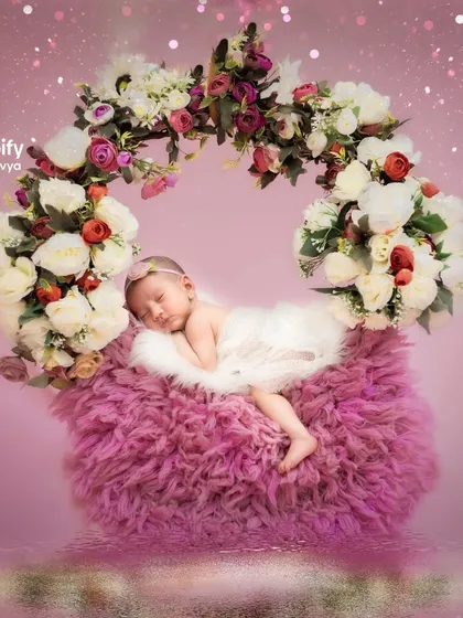 A dreamy and magical portrait of a newborn sleeping on a floral swing. The combination of soft pink fur and a lush flower wreath creates a fairytale-like image.