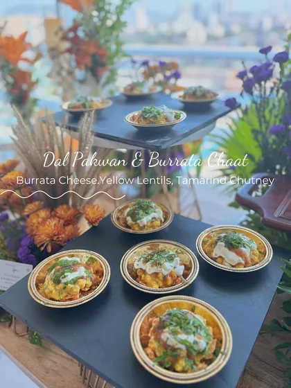 A fusion of traditions. This Dal Pakwan & Burrata Chaat combines the creamy texture of burrata with the classic flavours of yellow lentils and tamarind chutney for a truly innovative bite.