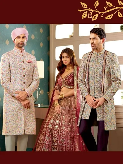 Celebrate your wedding moments in outfits as special as the occasion. This campaign shot features two groomsmen in our bespoke, intricately patterned sherwanis.