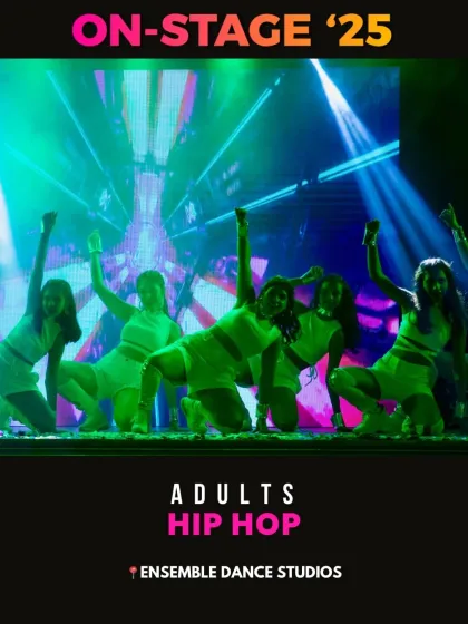 The adults' hip hop crew in their glow-in-the-dark gear. Our hip hop classes for adults are a great way to learn new skills and build confidence.