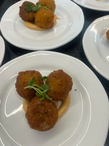 A plate of our Mushroom & Truffle Arancini, plated and ready for a sit-down dinner. Each ball is placed on a swirl of sauce and topped with microgreens, showing our attention to detail.