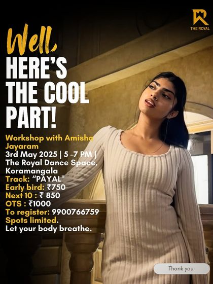 The cool part. An announcement for a hip-hop workshop with Amisha Jayaram.