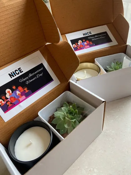 Celebrating the women in your workplace requires a special touch. For International Women's Day, we curated these thoughtful gifts for our client NICE, featuring a live succulent and a scented candle to create a moment of calm and appreciation.