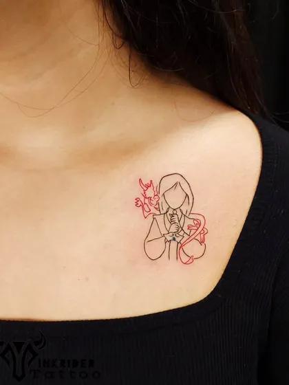 A fine-line outline of Mulan with her dragon, Mushu, in red. This minimalist tattoo is a stylish tribute to a beloved character, symbolizing courage and honor.