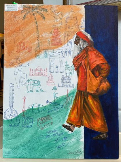 Created for an Independence Day event, this painting is a tribute to India's rich heritage. A wandering sadhu walks past a backdrop filled with doodles of our nation's cultural, architectural, and artistic treasures, all within the colors of our flag.