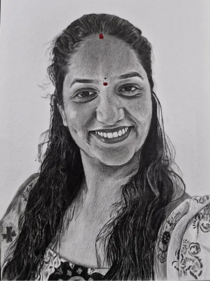 A smiling portrait, commissioned as a paid work. The dimple and the pattern on the dupatta are details I love to capture.