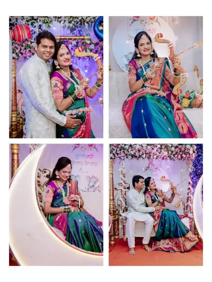 A collection of photos from the indoor baby shower celebration, showing the couple with the themed decor and enjoying the event.