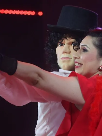 A life-sized Michael Jackson puppet taking a selfie with my wife, Aparna, on stage. We love creating puppets of famous personalities for our live shows.