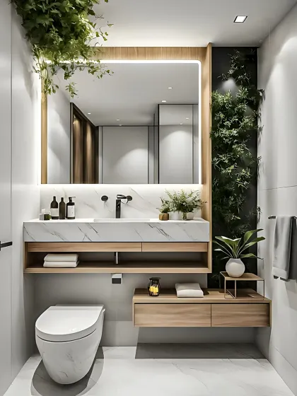 We transform bathrooms into spa-like sanctuaries. This modern bathroom design incorporates natural elements with a floating marble-top vanity, backlit mirror, and a vertical garden wall, blending luxury with tranquility.