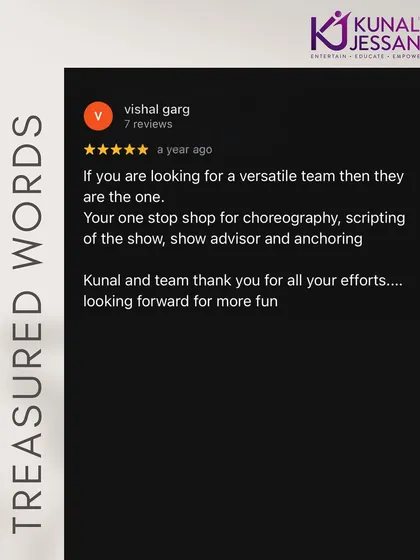 "Your one-stop shop for choreography, scripting of the show, show advisor and anchoring." This review from the groom's brother highlights the versatile, all-round service I strive to provide.
