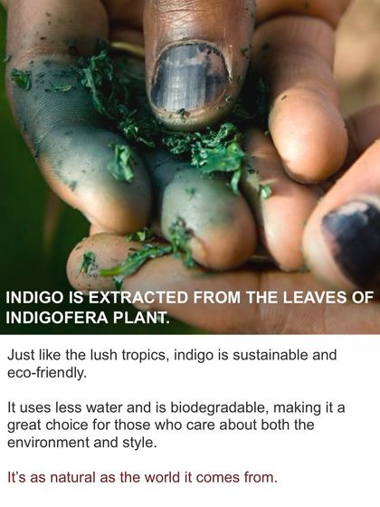 Indigo is extracted from the leaves of the Indigofera plant. It's a sustainable and eco-friendly dye that uses less water and is biodegradable, making it a great choice for conscious consumers.