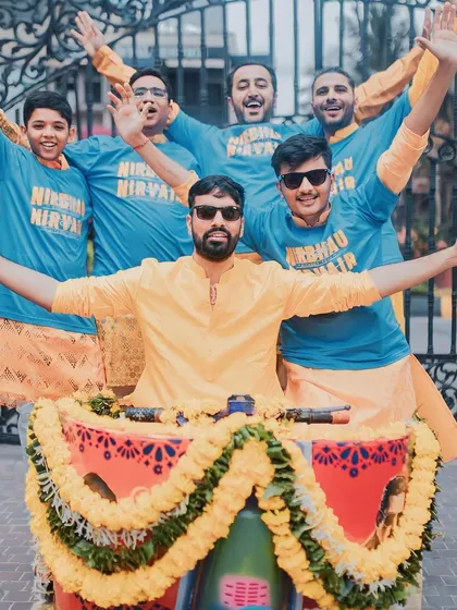 The groom and his groomsmen, all smiles and ready for the Haldi madness to begin.