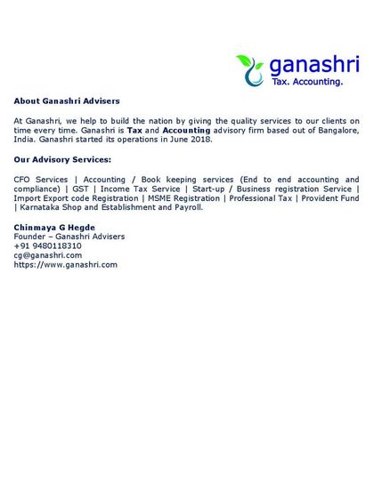 This card provides a snapshot of our firm, Ganashri Advisers, based in Bangalore. It lists our key advisory services designed to support businesses at every stage.