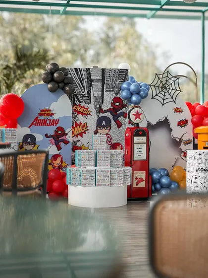 This is how I bring a superhero universe to life. Every detail in this setup, from the comic book-style backdrops to the character cutouts and themed props, is meticulously planned to create an immersive and action-packed birthday experience.