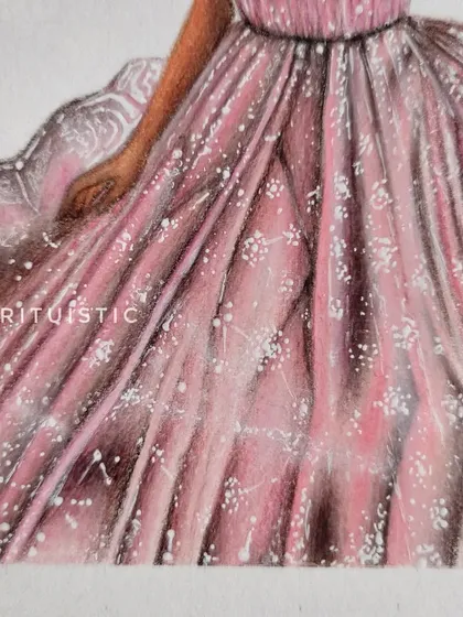 A detail shot focusing on the flowing skirt of the pink dress, showing the tiny white dots I added with a gel pen to create a sparkling effect.
