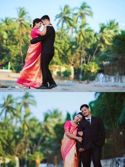 Two poses against a backdrop of palm trees, one showing a dance-like embrace and the other a quiet, restful moment.