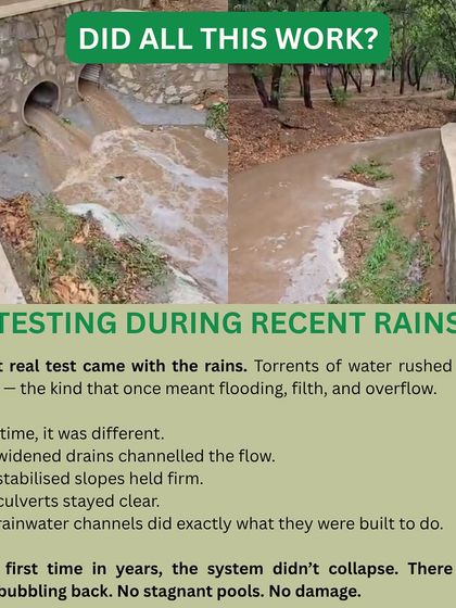 This infographic shows the successful test of our restoration work at Creek 4. After heavy rains, the new channels, stabilized slopes, and clear culverts worked perfectly, preventing flooding for the first time in years.