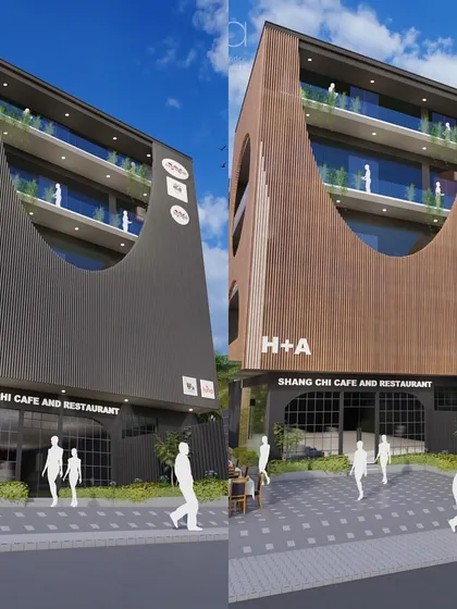 Here we explored two different material palettes for the Shang Chi Cafe facade. On the left, a dark aluminum finish for a sleek, modern feel, and on the right, a warmer terracotta finish for a more earthy and textured appearance.