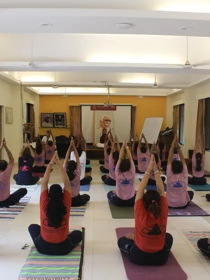 A large group class in session, with students practicing a seated asana with arms raised. This view highlights the collective energy and focus that our group classes cultivate.