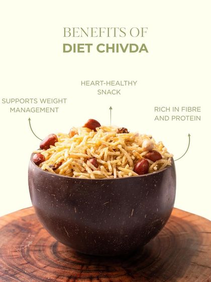 The benefits of my Diet Chivda are highlighted here: it supports weight management, is heart-healthy, and is rich in fiber and protein. A truly smart snack.