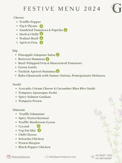 Page one of our Festive Menu for 2024, listing our extensive selection of artisanal cheeses, dips, sushi, and dim sum available for Diwali celebrations.