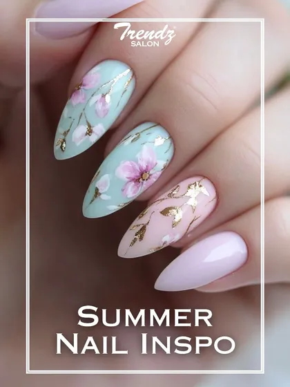 I treat every nail as a tiny canvas. This artistic set features hand-painted pink and mint florals, accented with delicate gold foil flakes to create a design that is both a manicure and a masterpiece.
