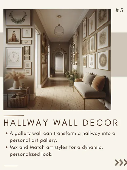 This hallway features a more eclectic gallery wall, mixing different art styles and frame sizes. A simple bench provides a resting spot, turning a transitional space into a destination.