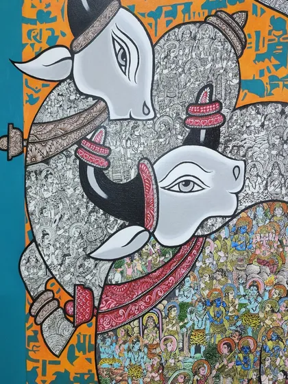 Art, for me, is storytelling in its most intricate form. This close-up reveals the detailed miniature work within my Shiv Mahapuran painting, where every line and shade, created with a rotary pen and acrylics, tells a story of Shiva's life. It is a universe of devotion contained within a single form.