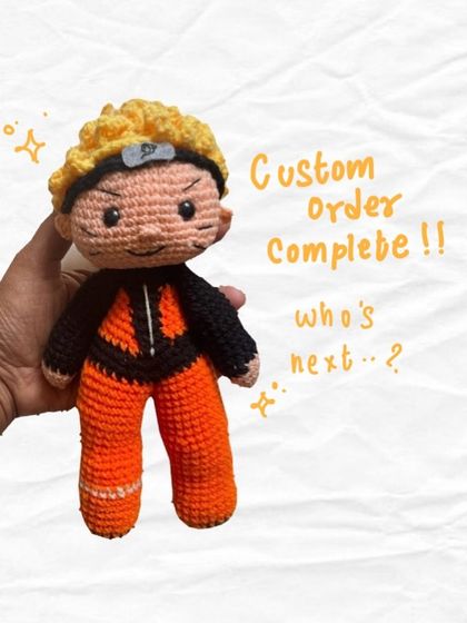 A custom order for a Naruto plushie is complete. Who's next? This image is a call-out for more custom character orders, showcasing the finished product.