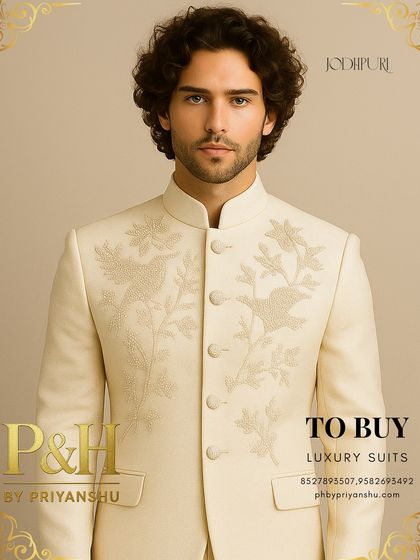 An elegant cream-colored Jodhpuri suit with delicate, tonal hand-embroidery of bird motifs. This design offers a subtle and sophisticated take on thematic wedding wear.