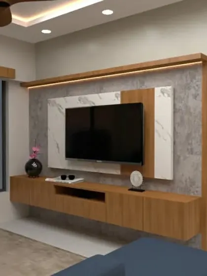 A 3D render of a TV unit design, combining a marble backdrop with a simple wooden frame.