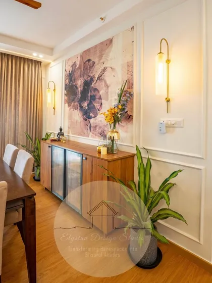 Another view of the dining area, showing the beautiful floral wallpaper and custom wooden bar cabinet. The warm lighting from the wall sconces enhances the room's inviting atmosphere.