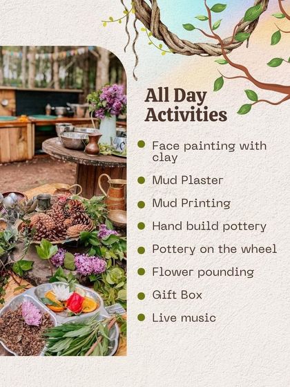 A look at the all-day activities at our Earth-themed market. We celebrated our connection to the soil with mud plaster, hand-build pottery, flower pounding, and live music.