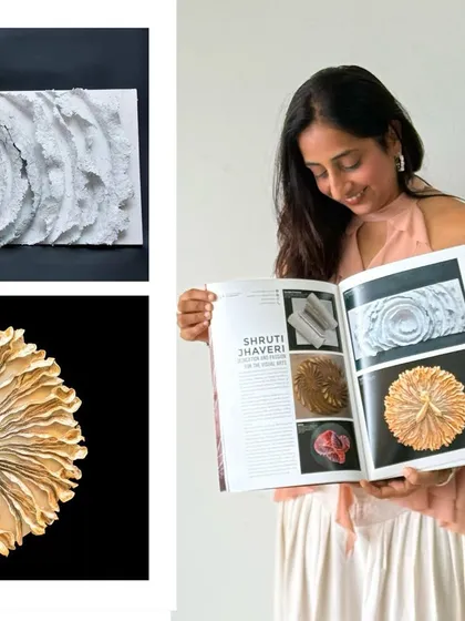 A collage showing me with the magazine feature. My work is all about sculpting emotions with upcycled materials, and I'm thrilled to share that story.